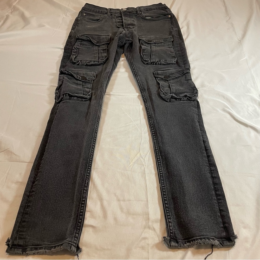 Art Meets Chaos Donwan Harrell Mens 32 Black Cargo Jeans Slim Fit Distressed Hem